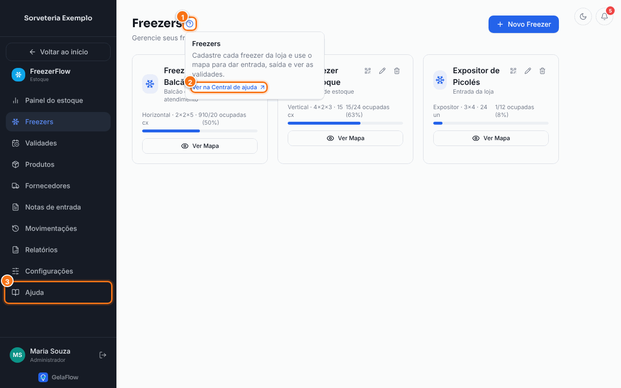 Balão de ajuda aberto na tela Freezers