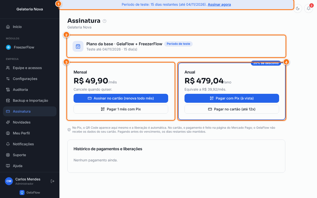 Tela Assinatura durante o teste