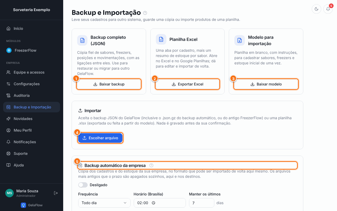 Tela Backup e Importação