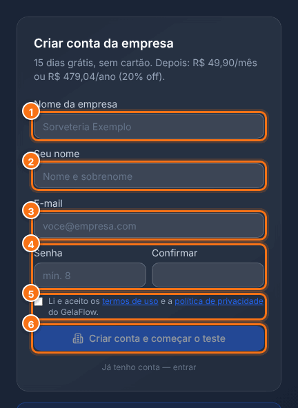 Tela de cadastro com os campos numerados