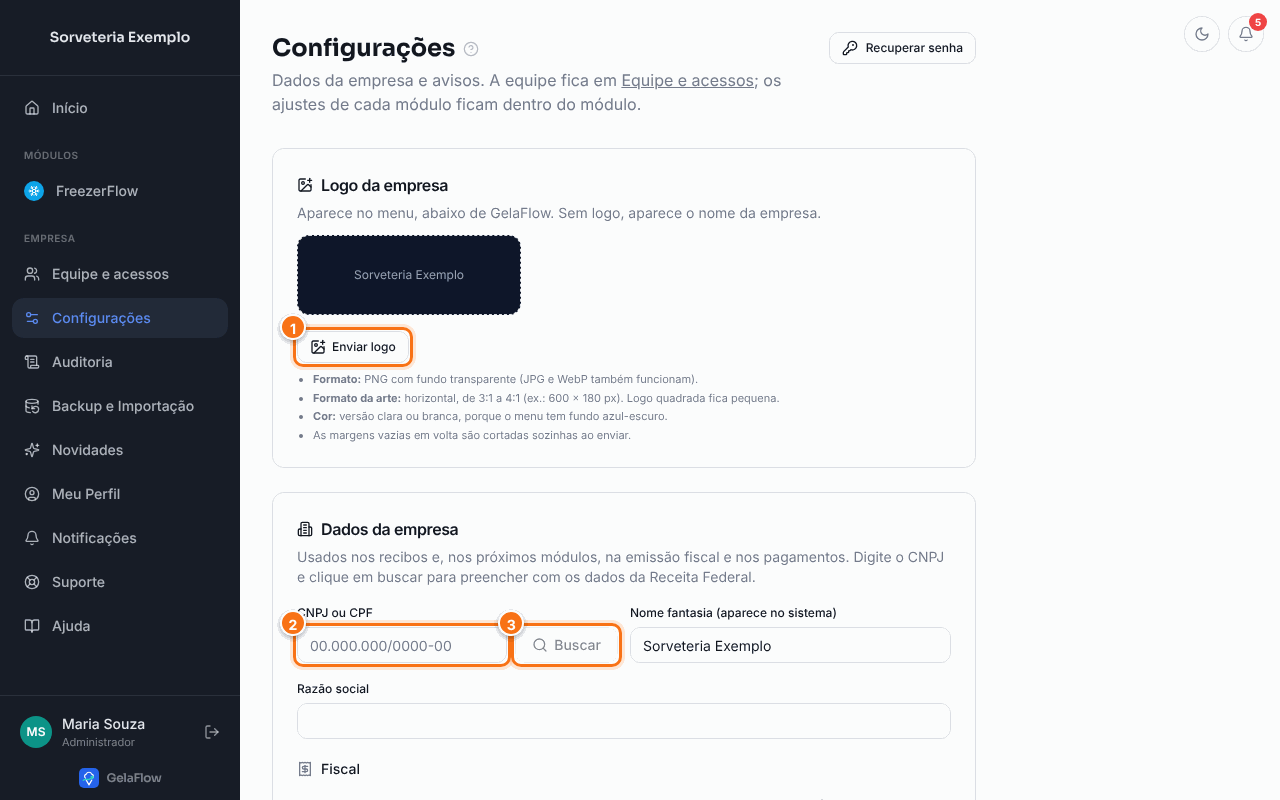Tela Configurações