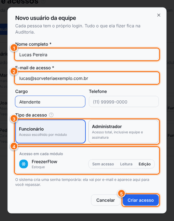 Janela Novo usuário da equipe