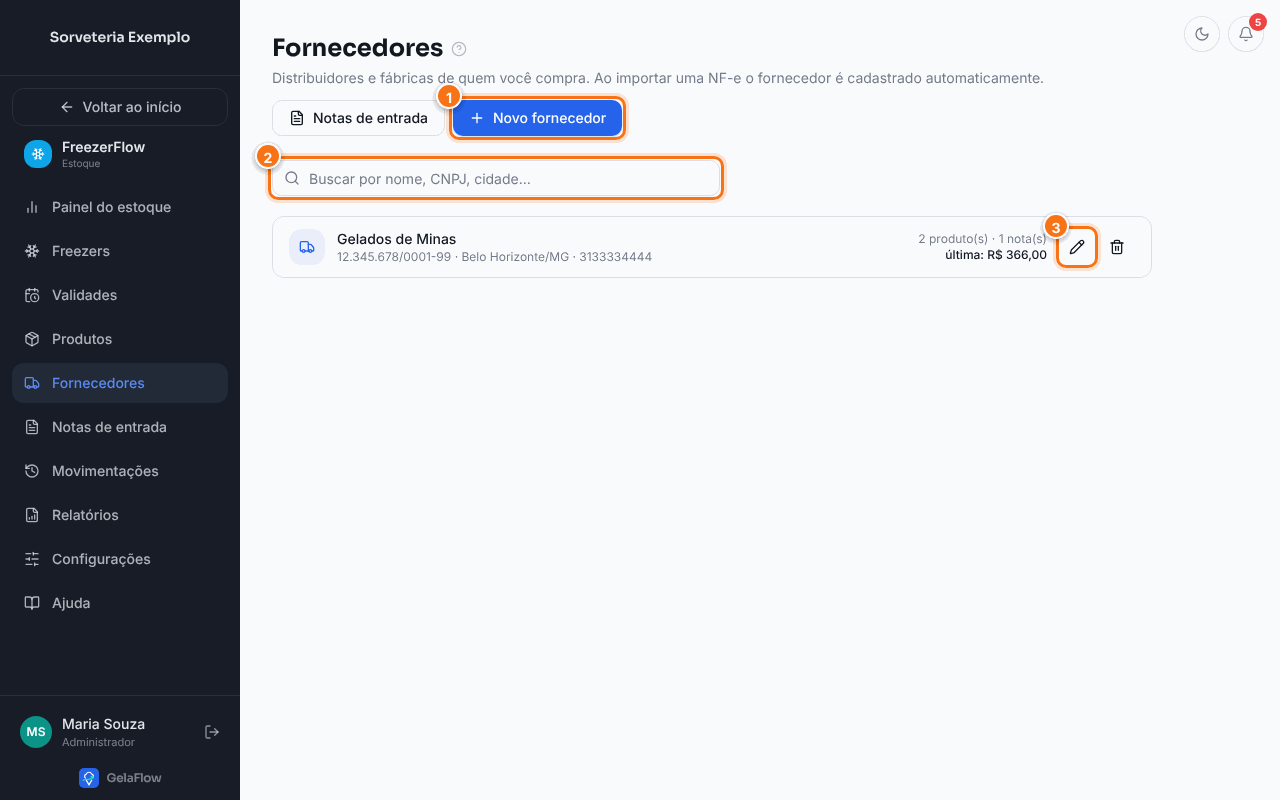 Lista de fornecedores