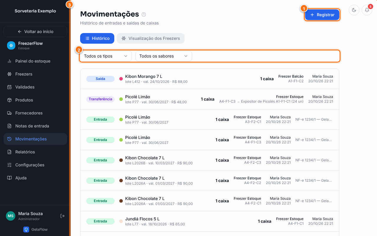 Histórico de movimentações