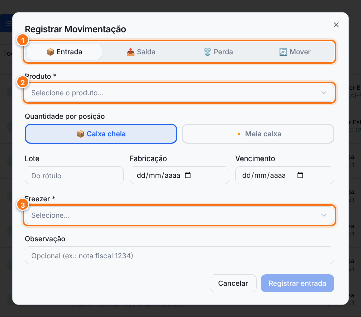Janela Registrar Movimentação