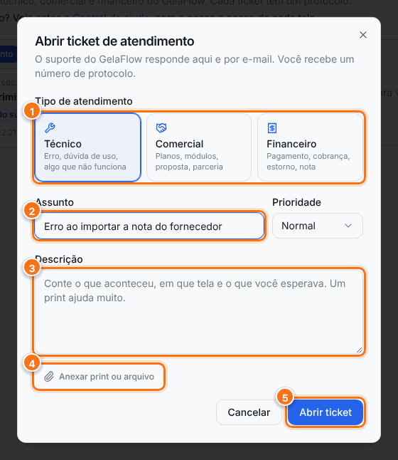 Janela Abrir ticket de atendimento